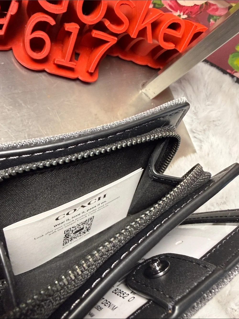 Coach Gray Denim Zip-Around Wallet with Black Trim